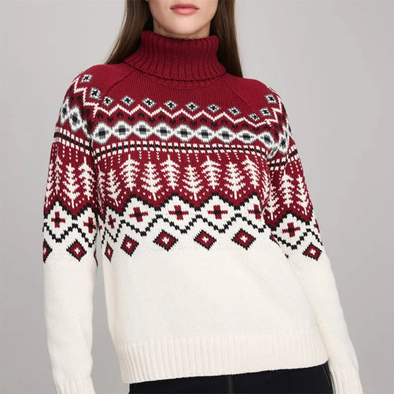 Women's jacquard turtleneck pullover sweater in blue with retro pattern, long sleeves, and polyester fabric