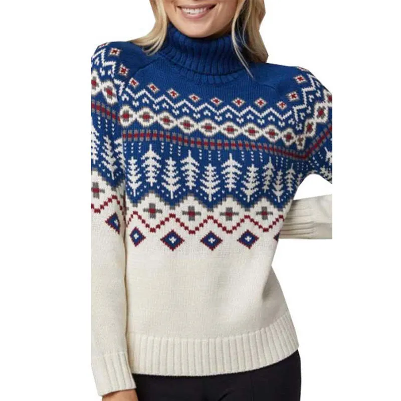 Women's jacquard turtleneck pullover sweater in blue with retro pattern, long sleeves, and polyester fabric