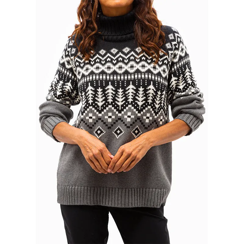 Women's jacquard turtleneck pullover sweater in blue with retro pattern, long sleeves, and polyester fabric