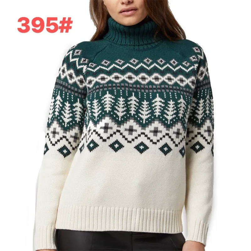 Women's jacquard turtleneck pullover sweater in blue with retro pattern, long sleeves, and polyester fabric