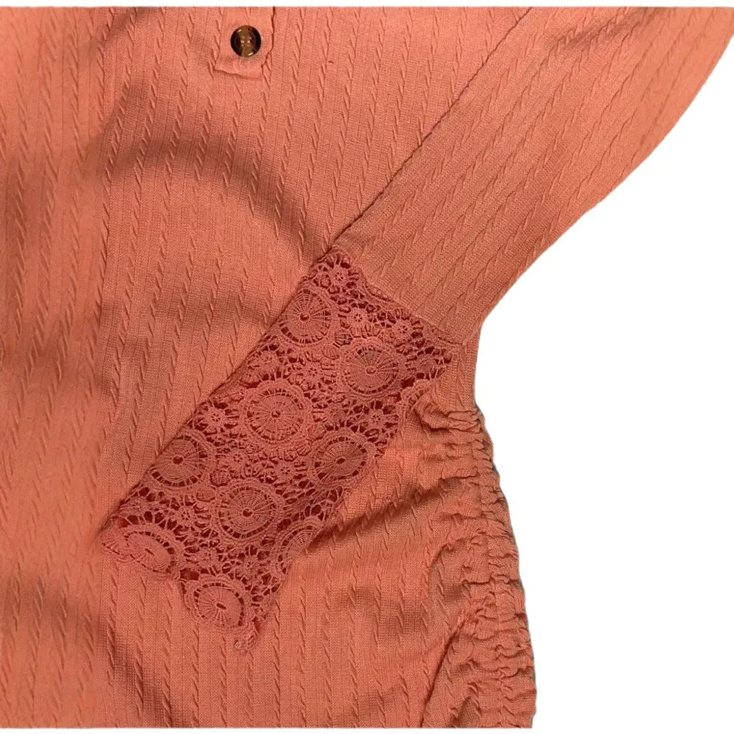 Womens round neck lace long-sleeved dress in coral with hip-skirt silhouette and mid-waist design, size S to XL.