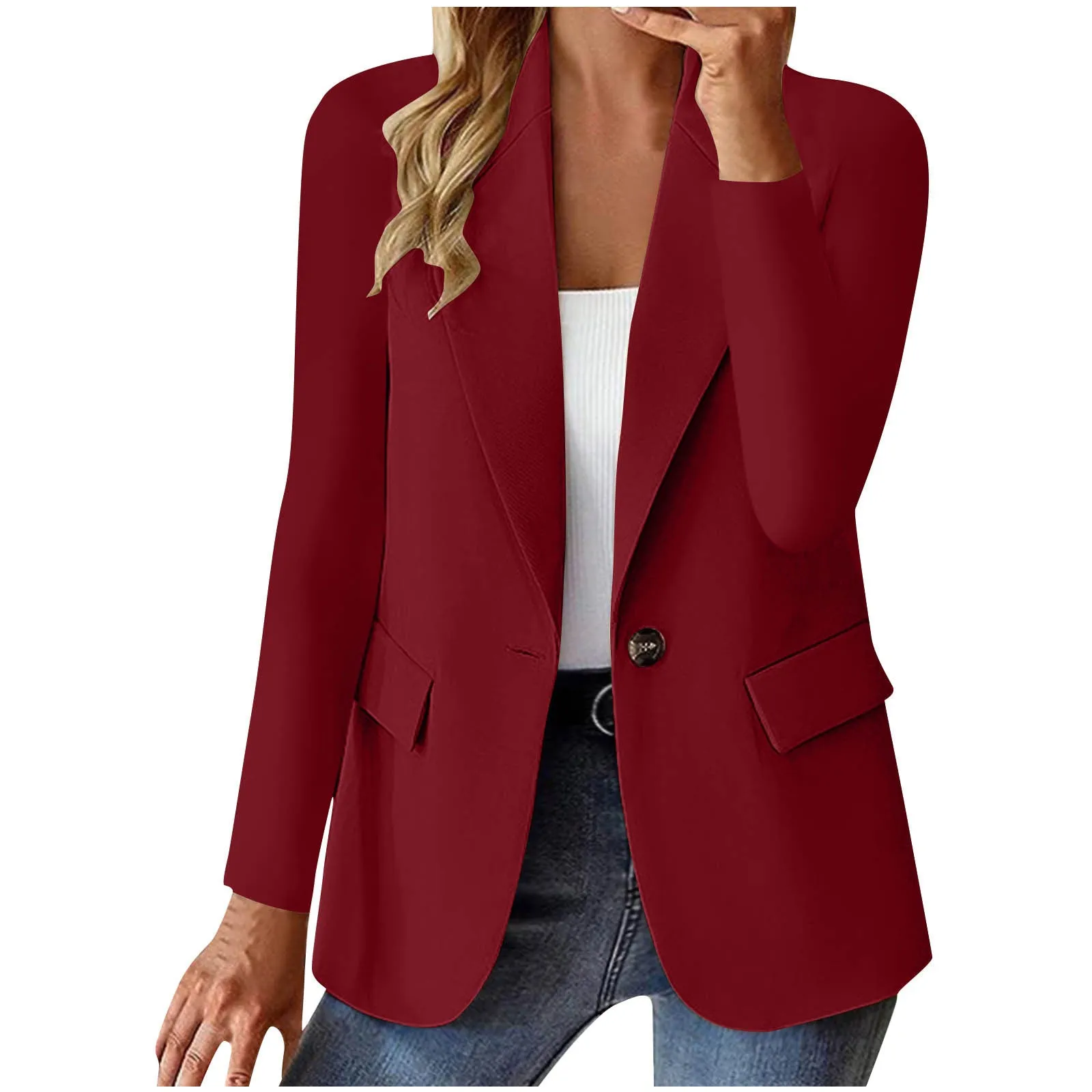 Women's slim fit long sleeve solid color cardigan jacket with pockets in black, front view