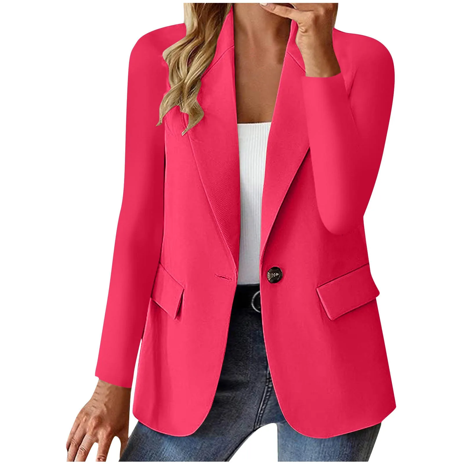Women's slim fit long sleeve solid color cardigan jacket with pockets in black, front view