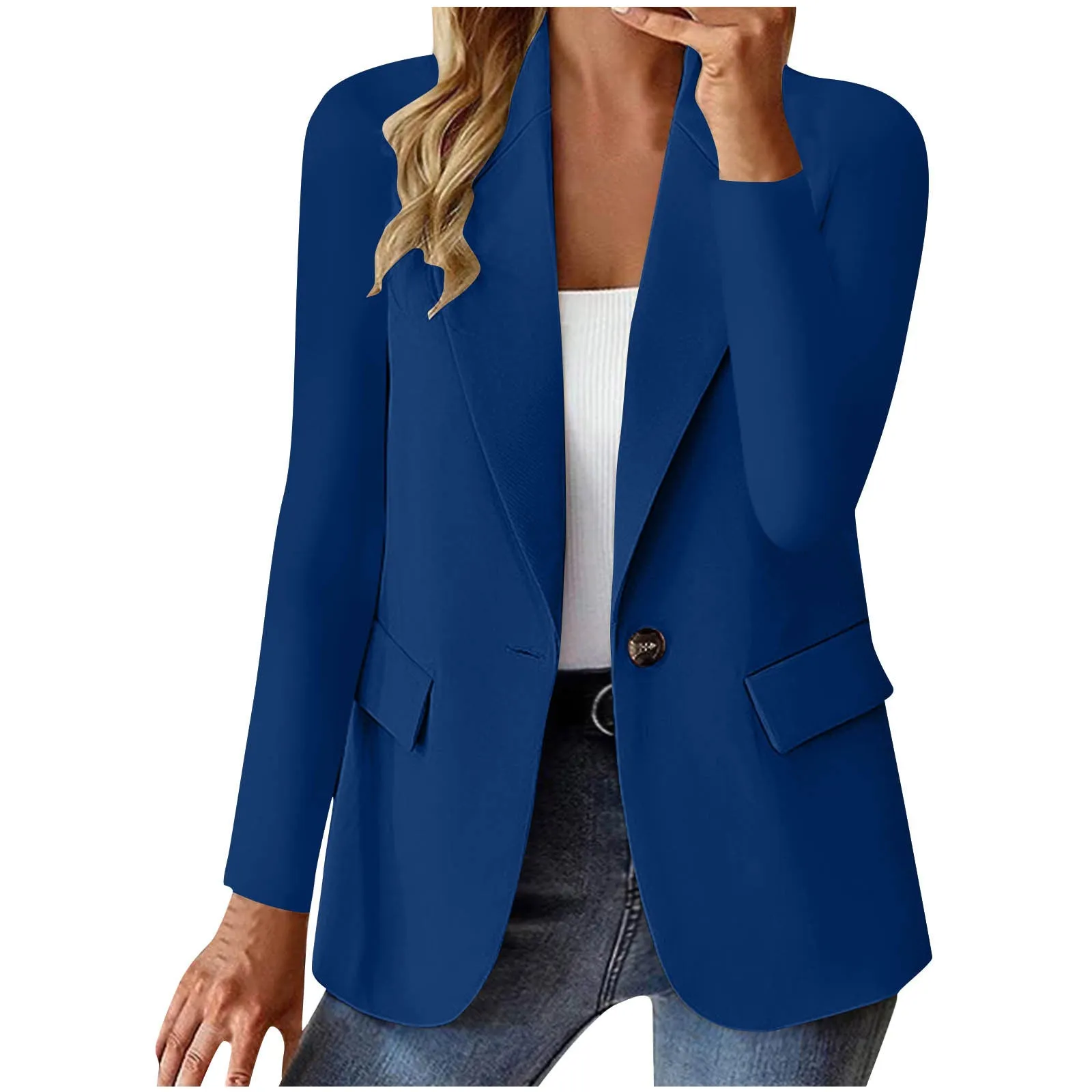 Women's slim fit long sleeve solid color cardigan jacket with pockets in black, front view