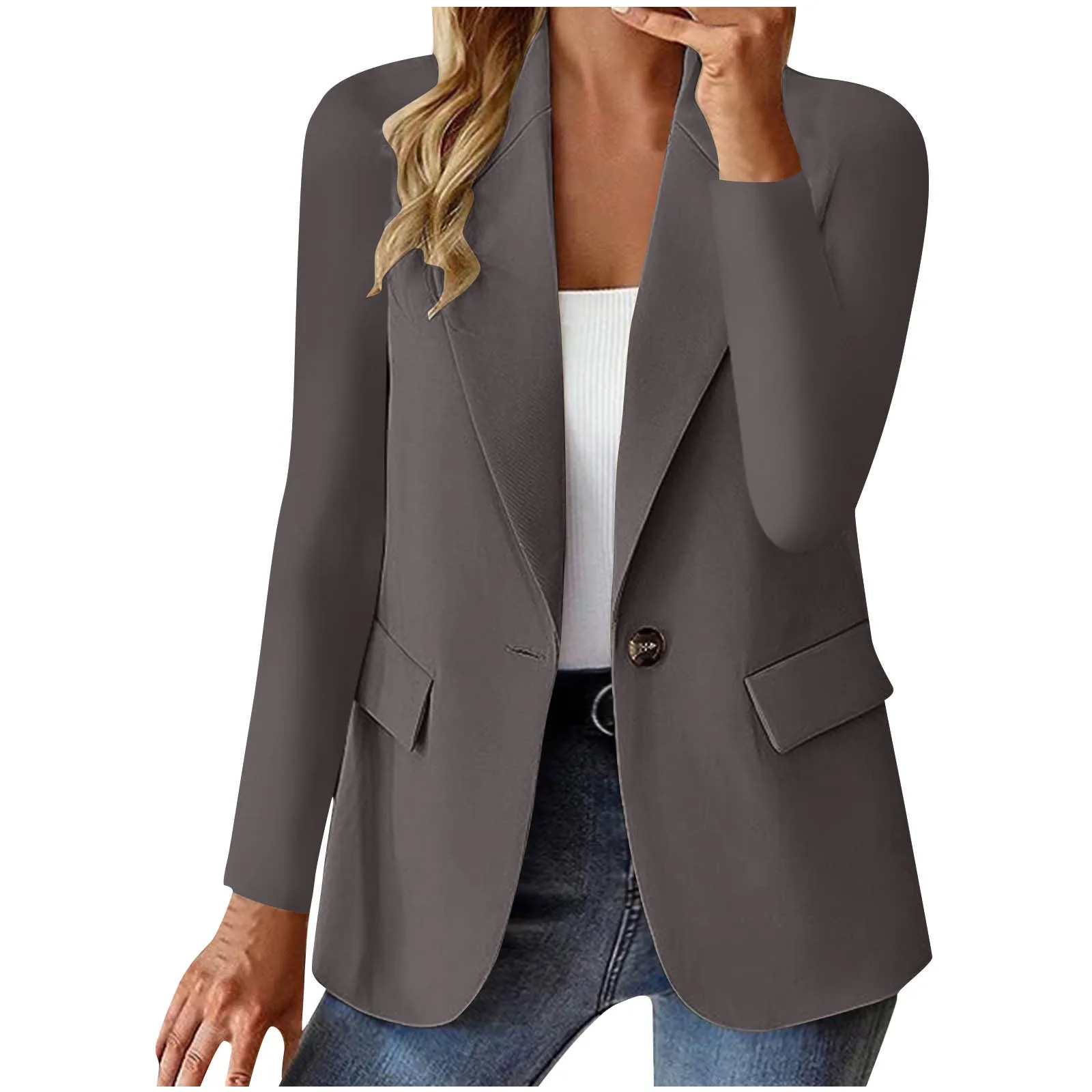 Women's slim fit long sleeve solid color cardigan jacket with pockets in black, front view