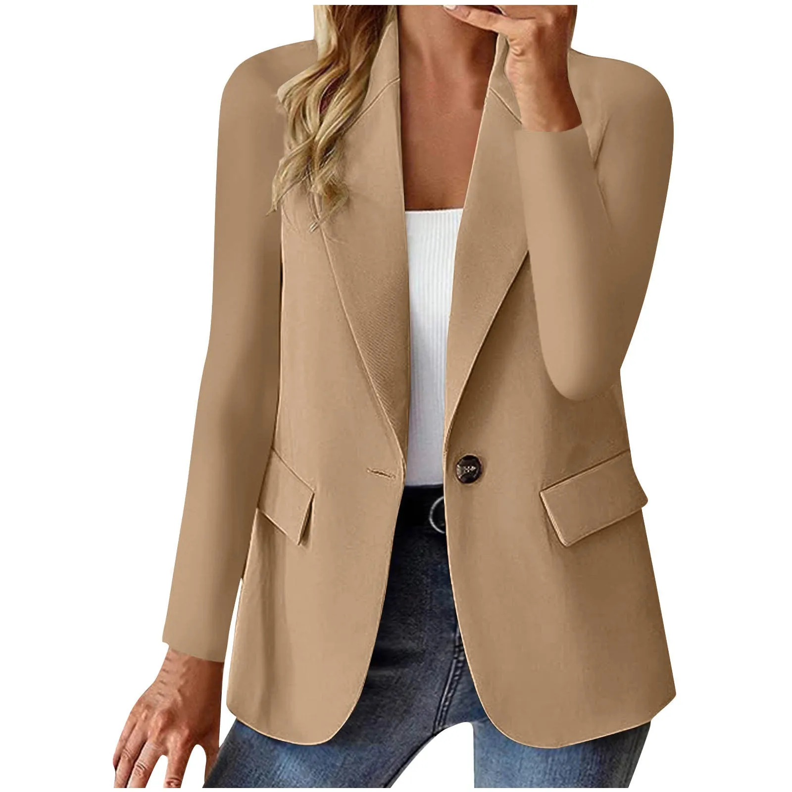 Women's slim fit long sleeve solid color cardigan jacket with pockets in black, front view