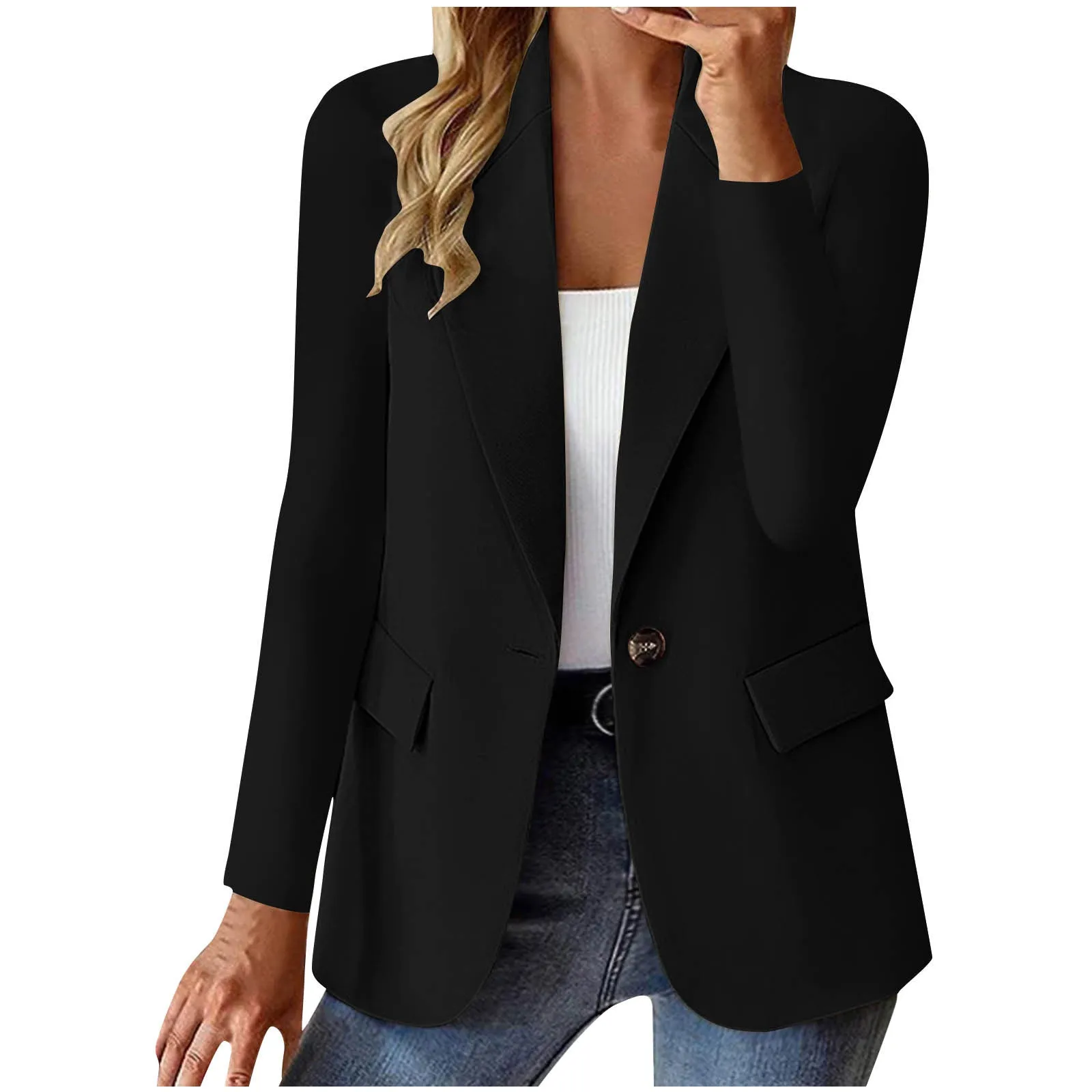 Women's slim fit long sleeve solid color cardigan jacket with pockets in black, front view