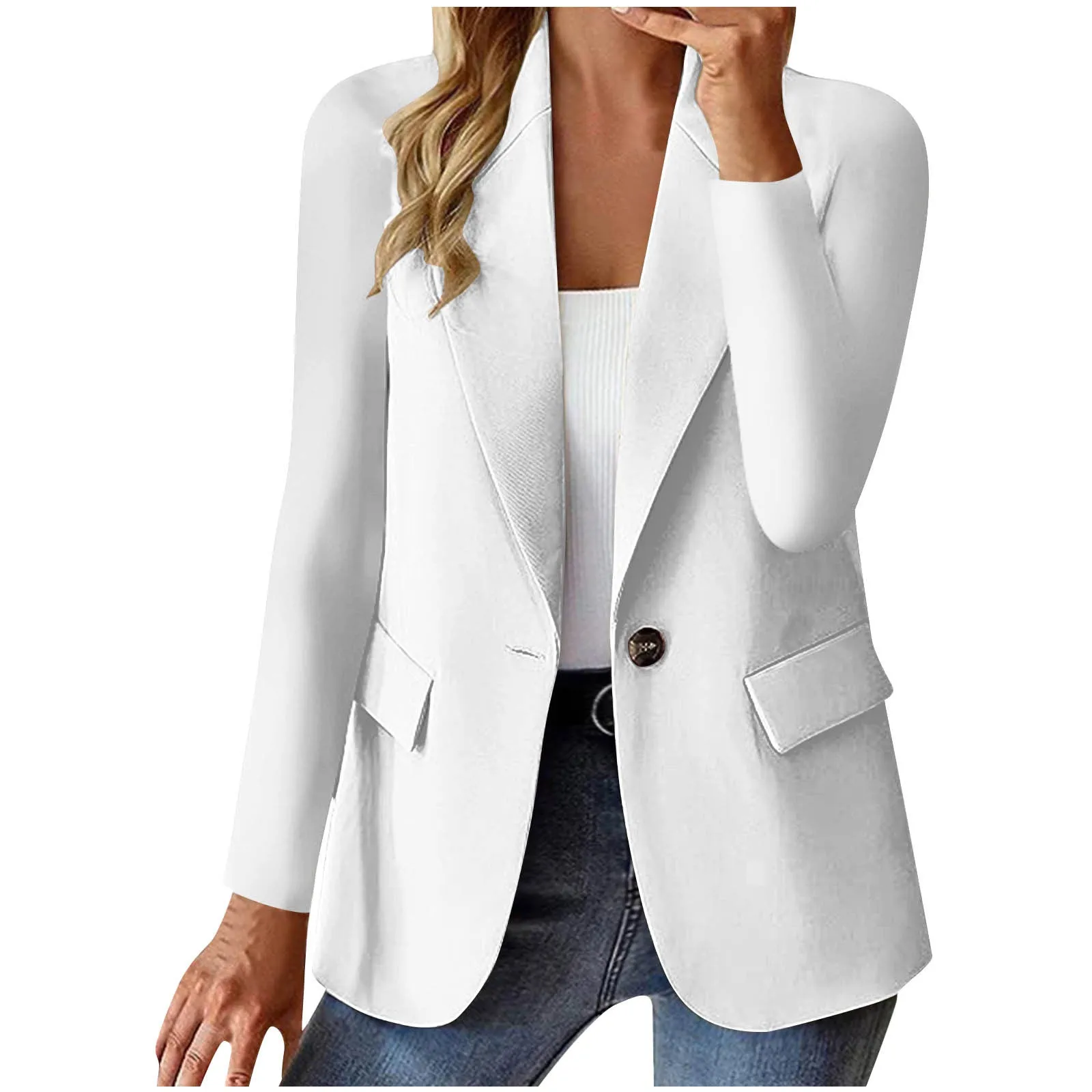 Women's slim fit long sleeve solid color cardigan jacket with pockets in black, front view