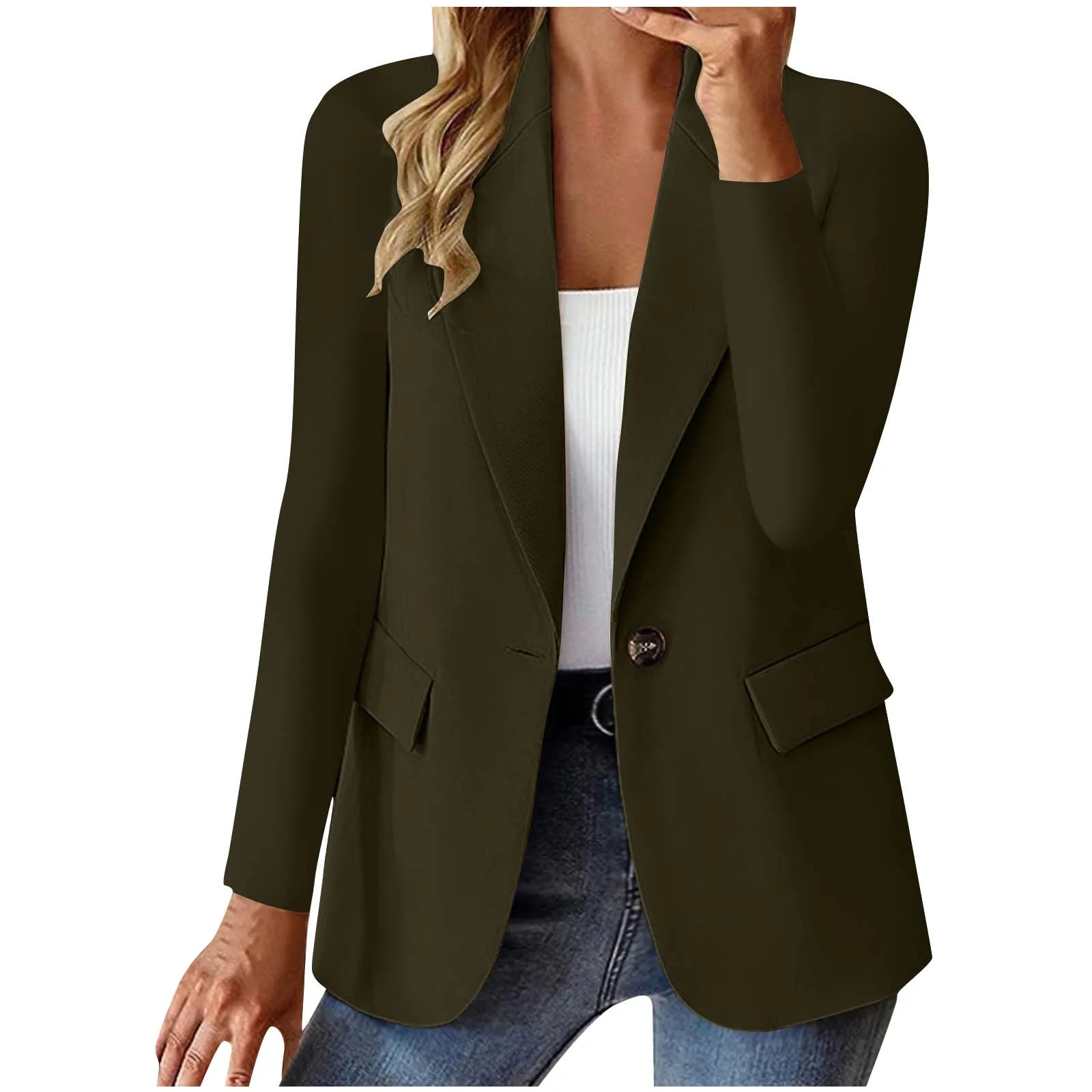 Women's slim fit long sleeve solid color cardigan jacket with pockets in black, front view
