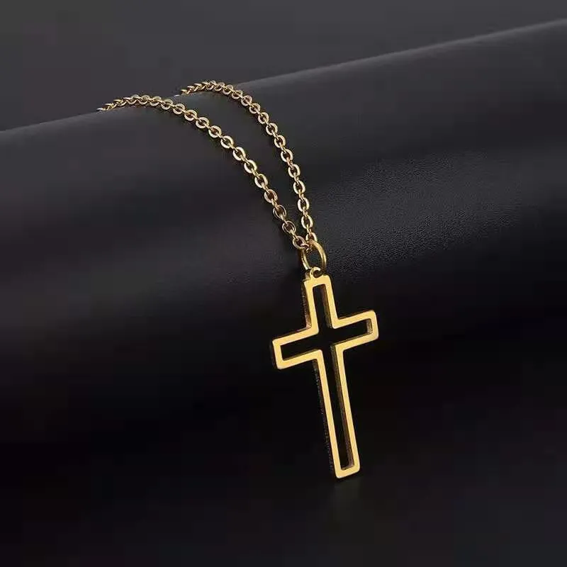 Unisex titanium steel cross necklace with electroplated gold finish on a stainless steel chain