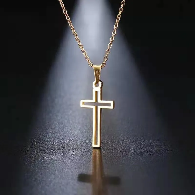 Unisex titanium steel cross necklace with electroplated gold finish on a stainless steel chain