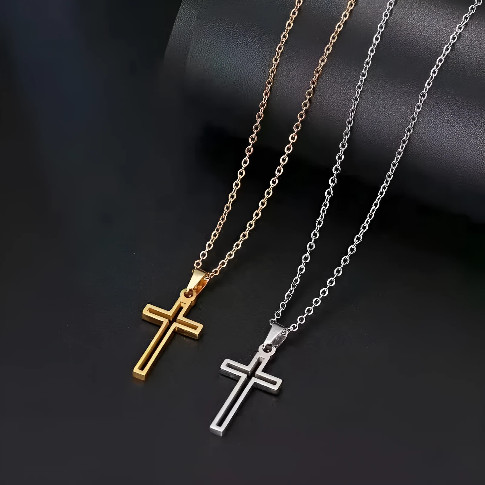 Unisex titanium steel cross necklace with electroplated gold finish on a stainless steel chain