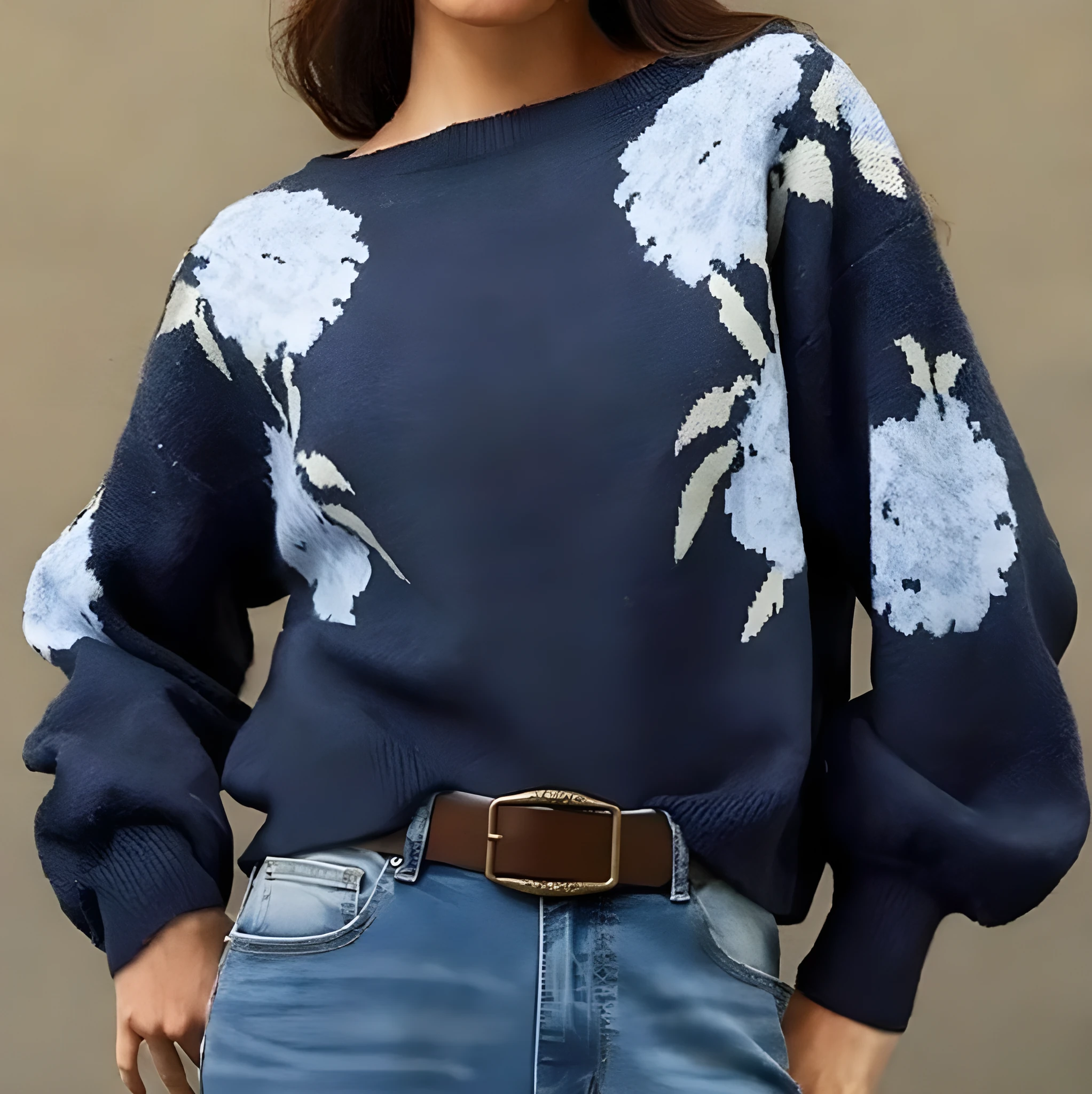 Sapphire blue women's pullover with floral jacquard pattern, loose fit, and off-neck design