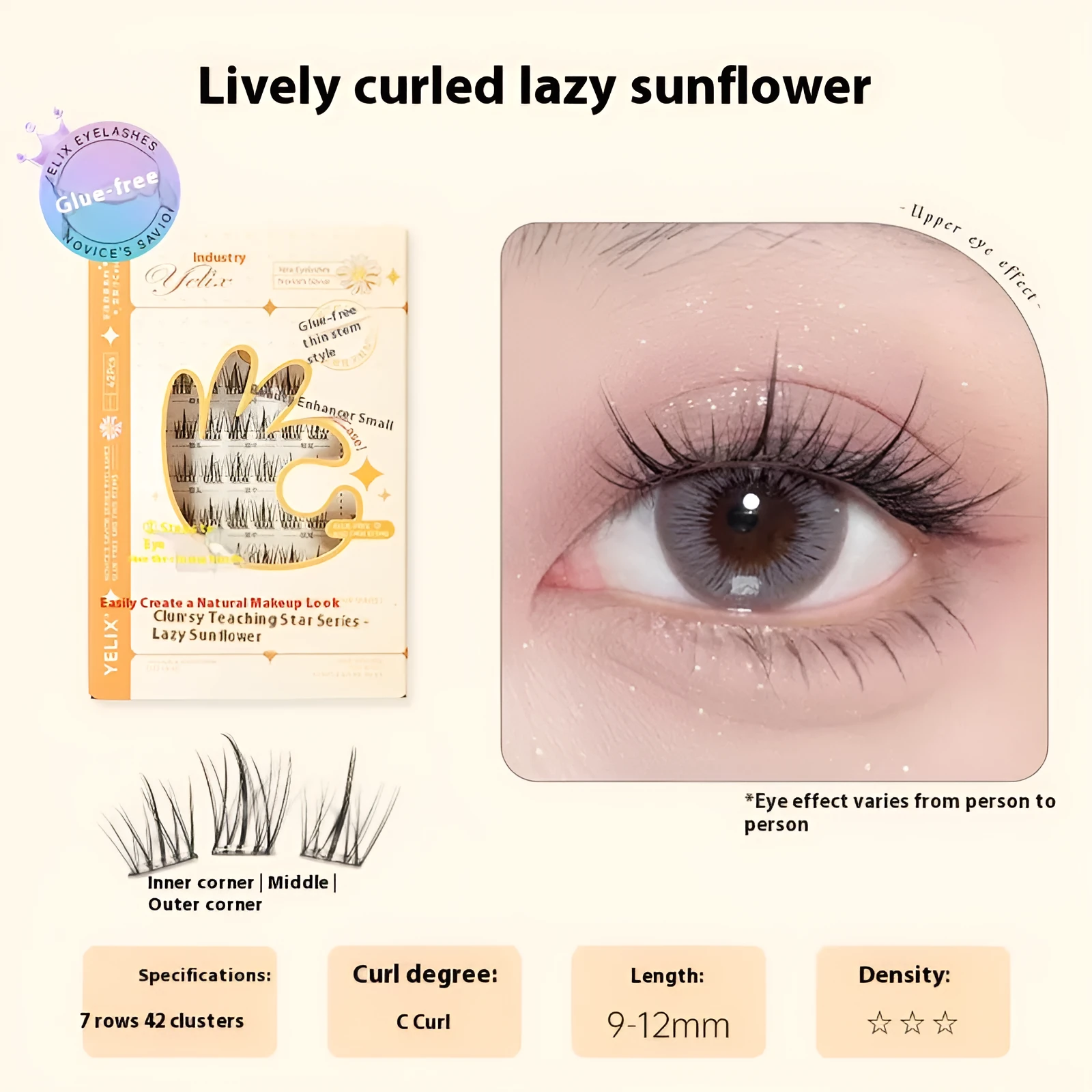 Glue-free self-adhesive false eyelashes in high-grade fibre with 0.07C thickness, shown in a natural style