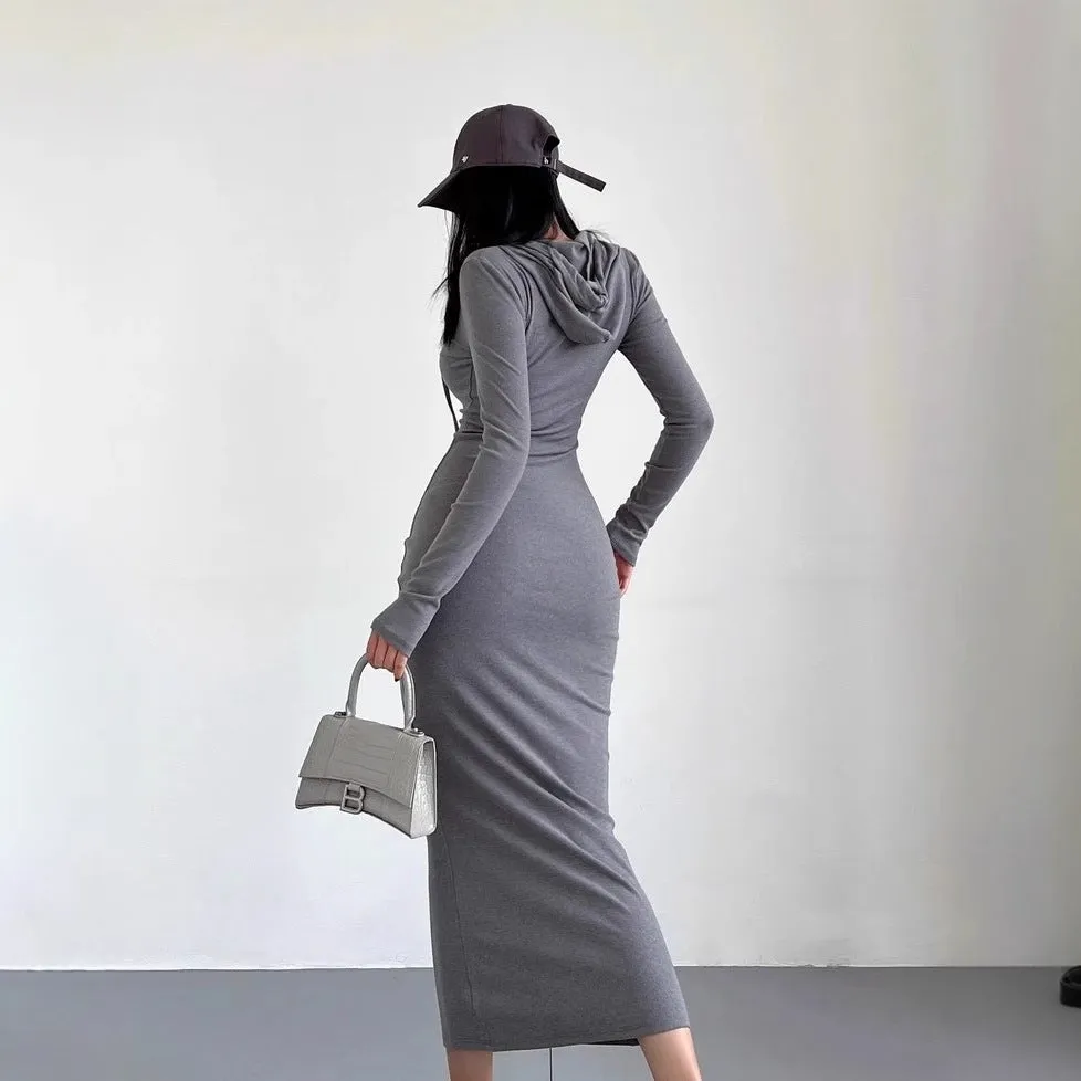 Women's light gray hooded sheath dress with long sleeves and a high waist on a hanger