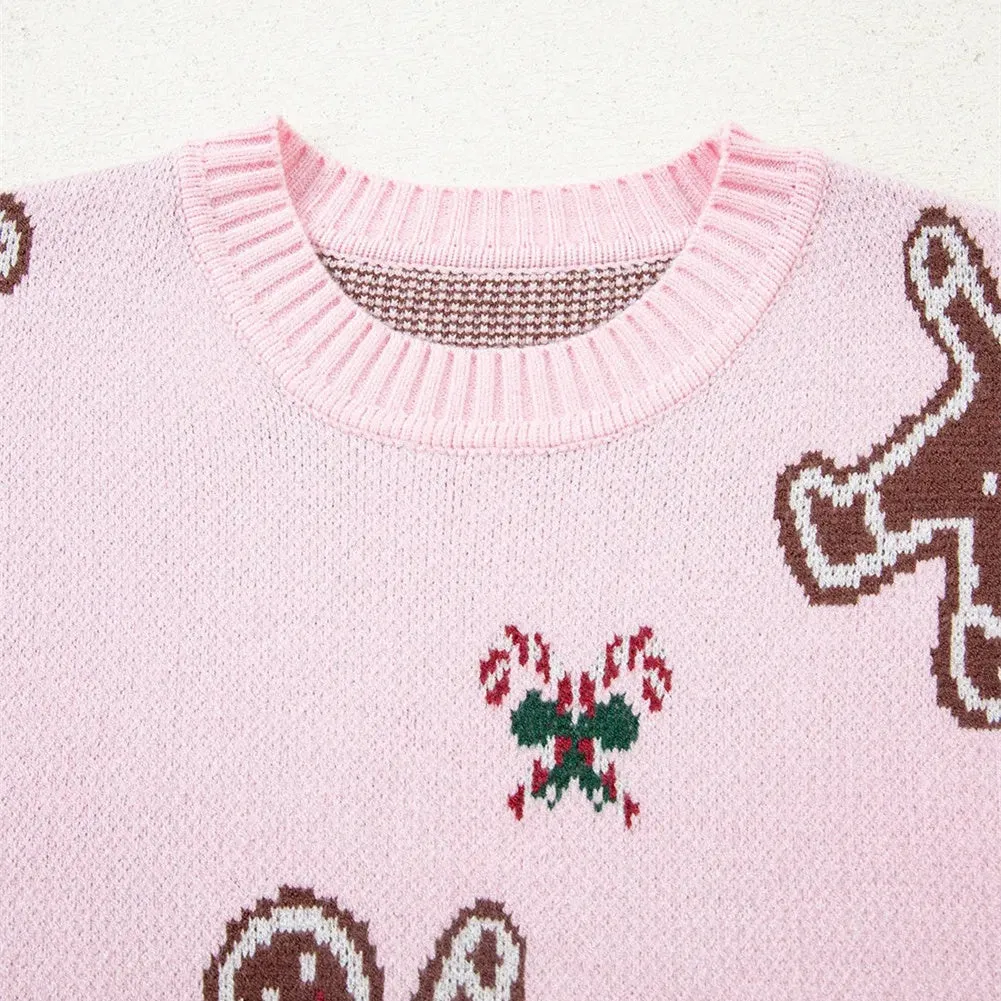 Women's spring round neck loose acrylic sweater in pink with long flight sleeves, shown on female model