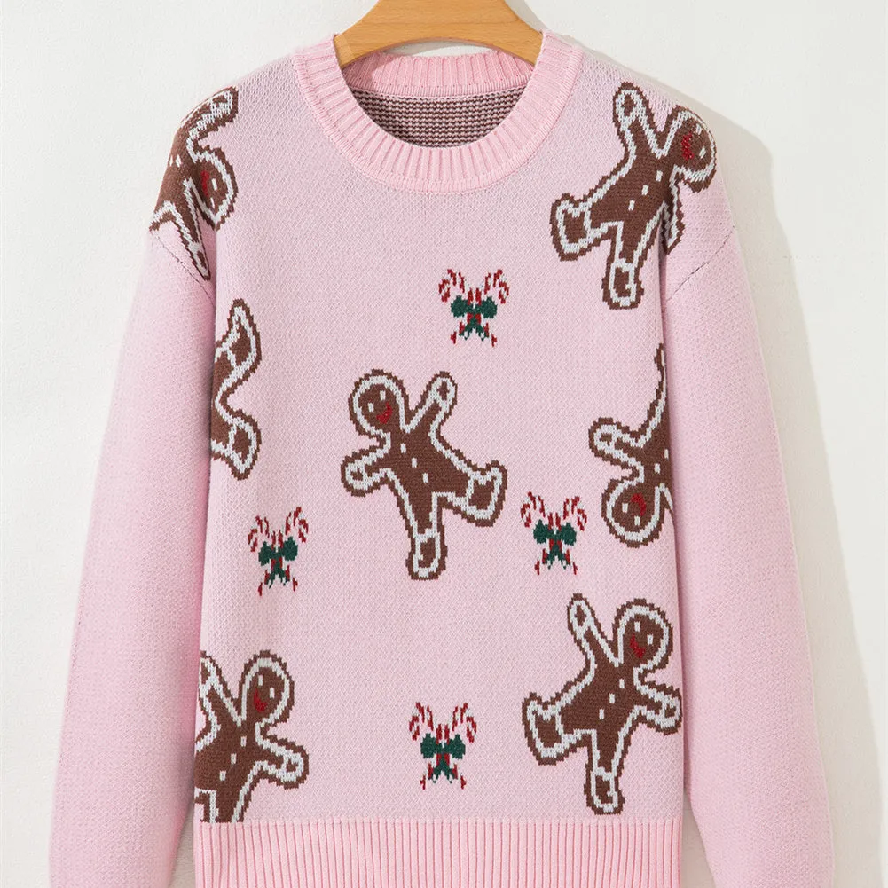 Women's spring round neck loose acrylic sweater in pink with long flight sleeves, shown on female model