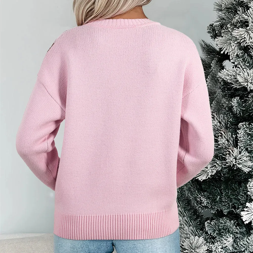 Women's spring round neck loose acrylic sweater in pink with long flight sleeves, shown on female model
