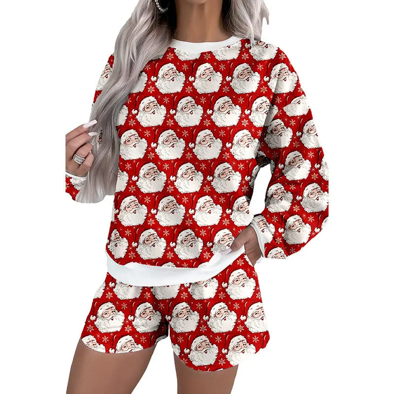 Women's printed long sleeve top and shorts casual suit set in contrast colour, polyester fabric, Japanese Korean style