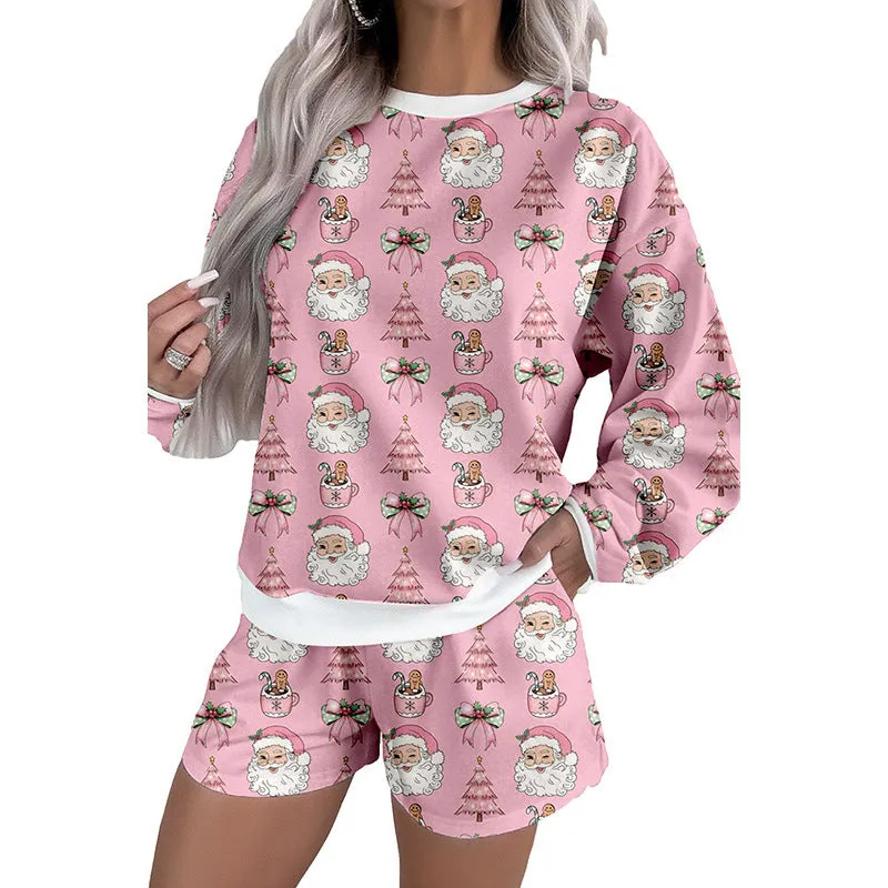 Women's printed long sleeve top and shorts casual suit set in contrast colour, polyester fabric, Japanese Korean style