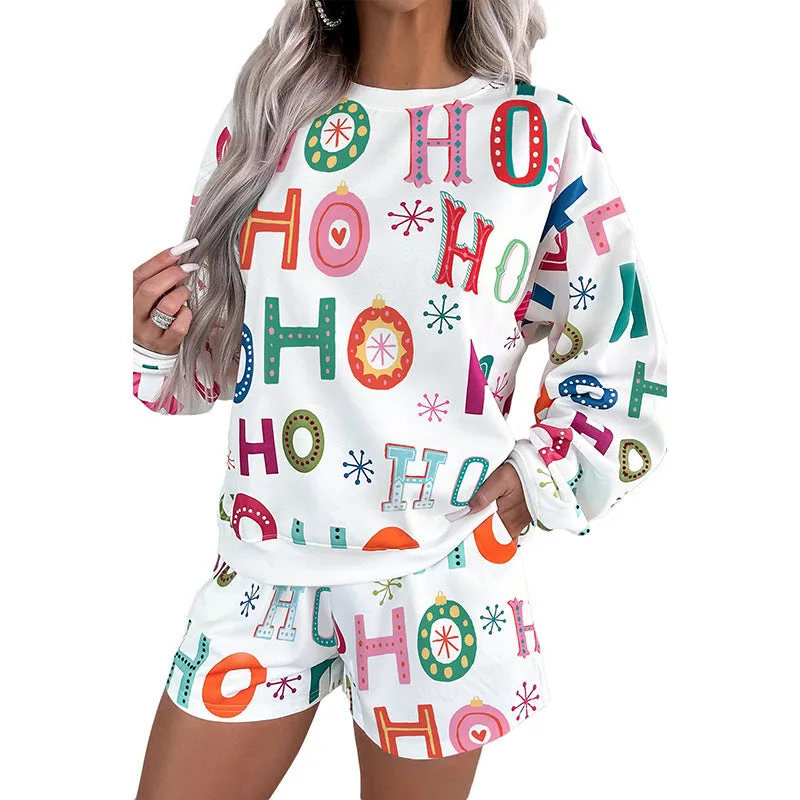Women's printed long sleeve top and shorts casual suit set in contrast colour, polyester fabric, Japanese Korean style