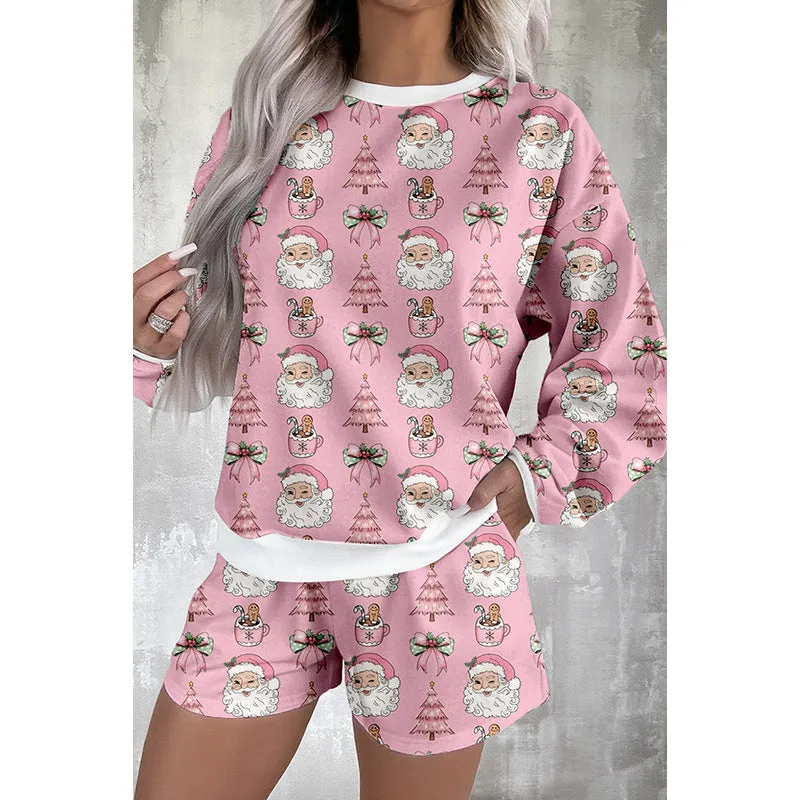 Women's printed long sleeve top and shorts casual suit set in contrast colour, polyester fabric, Japanese Korean style