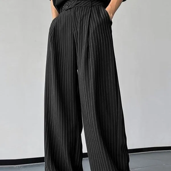Men's black vertical striped pleated casual trousers showing elastic fabric detail