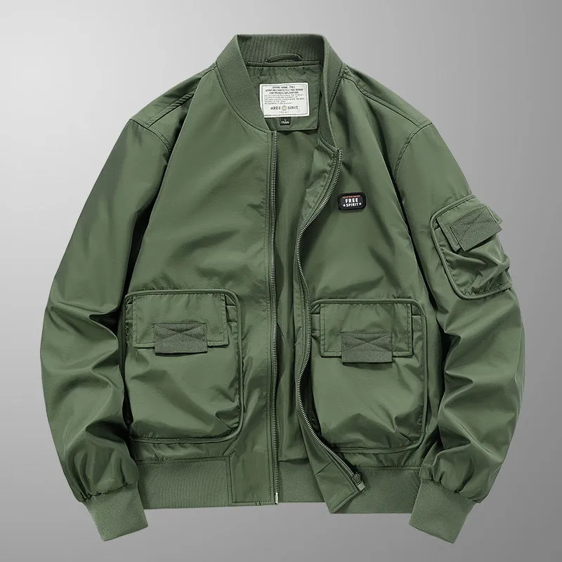 Men's nylon pilot jacket with multiple pockets in Army Green, windproof retro coat