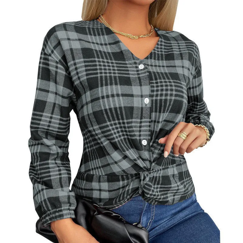 Women's purple plaid casual shirt with loose fit and regular sleeves on mannequin
