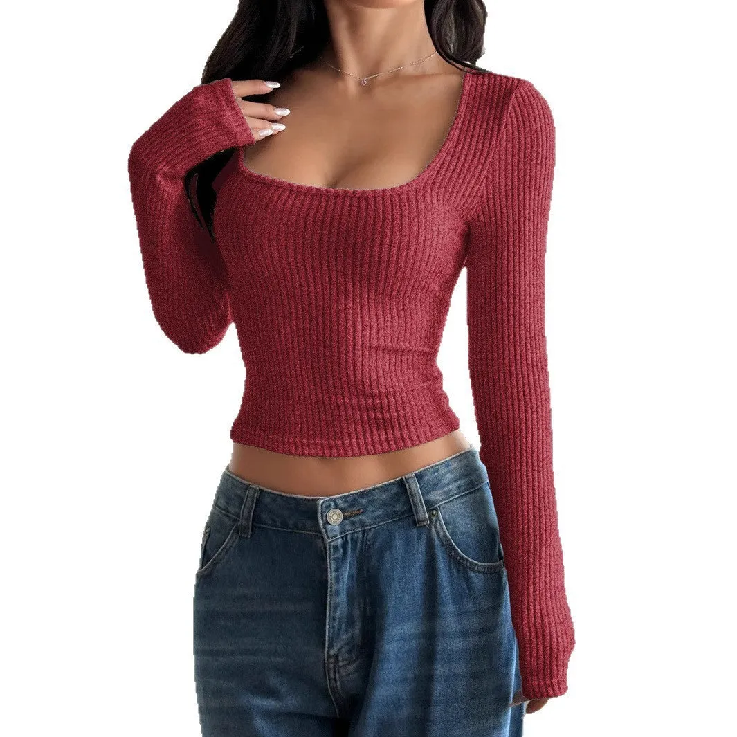 Women's U-neck rib knitted top in solid colour slim fit long sleeve pullover with stitching details autumn winter wear