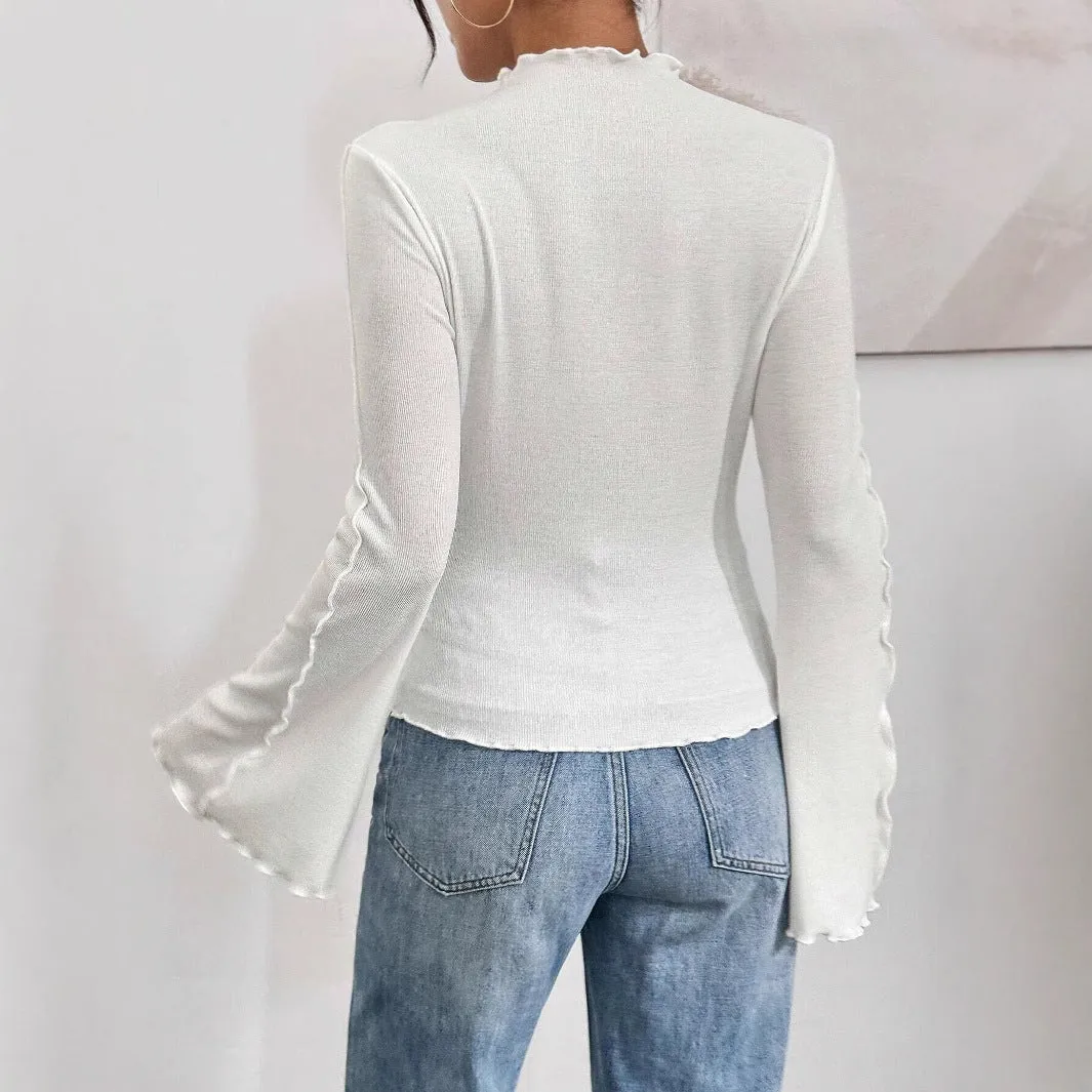 Fashion beveled bell sleeve slim fit inner wear shirt with ruffled collar in black