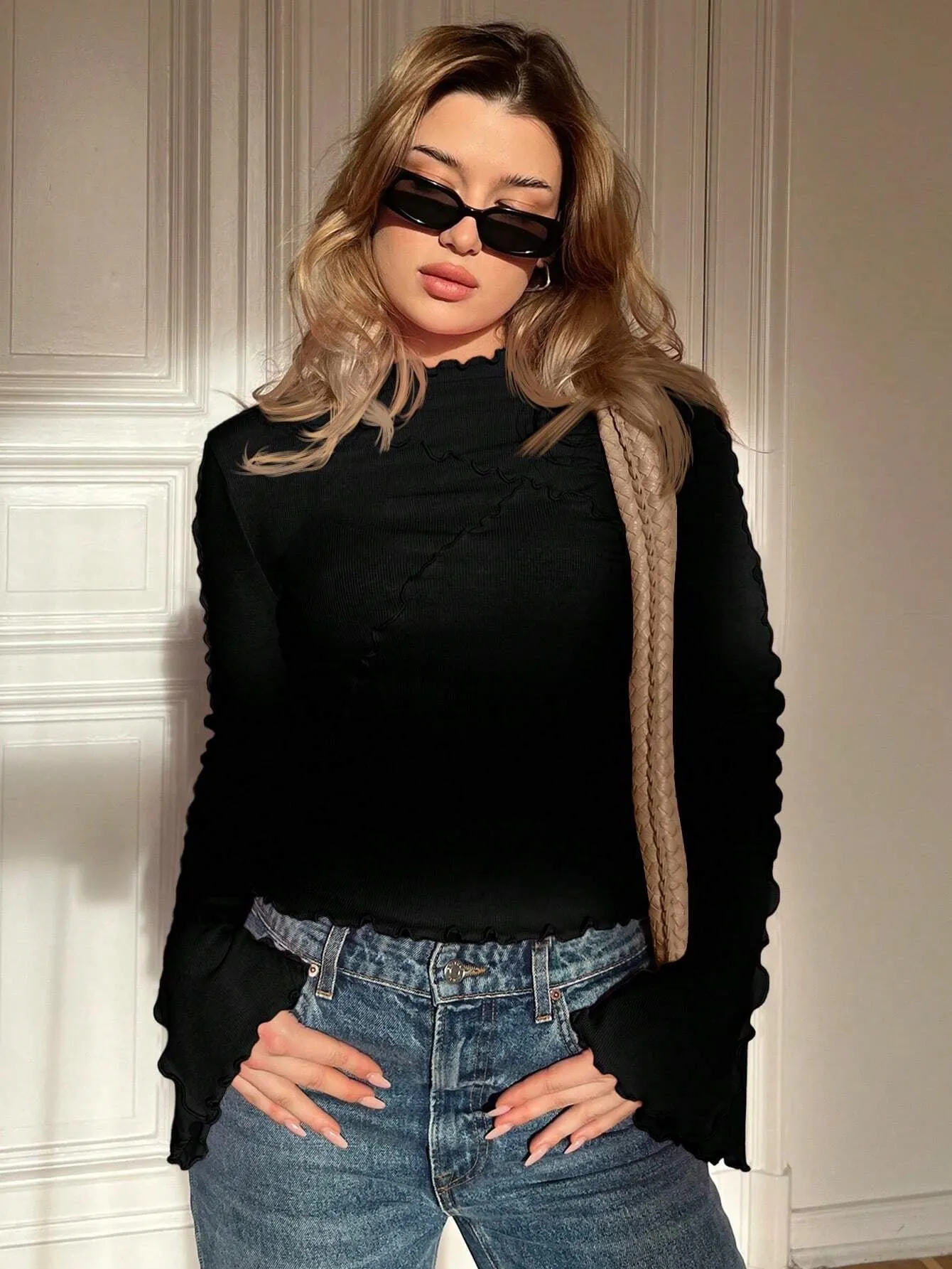 Fashion beveled bell sleeve slim fit inner wear shirt with ruffled collar in black