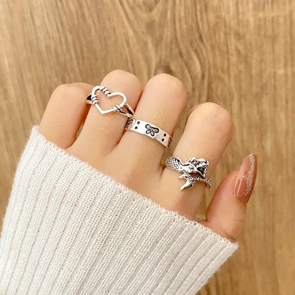 Retro alloy ring set for women with butterfly and snake geometric designs, opening rings pack