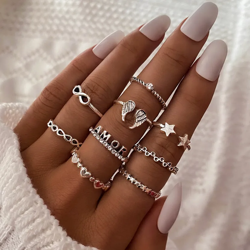 Retro alloy ring set for women with butterfly and snake geometric designs, opening rings pack