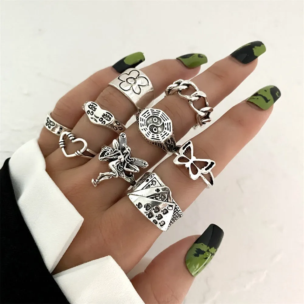 Retro alloy ring set for women with butterfly and snake geometric designs, opening rings pack