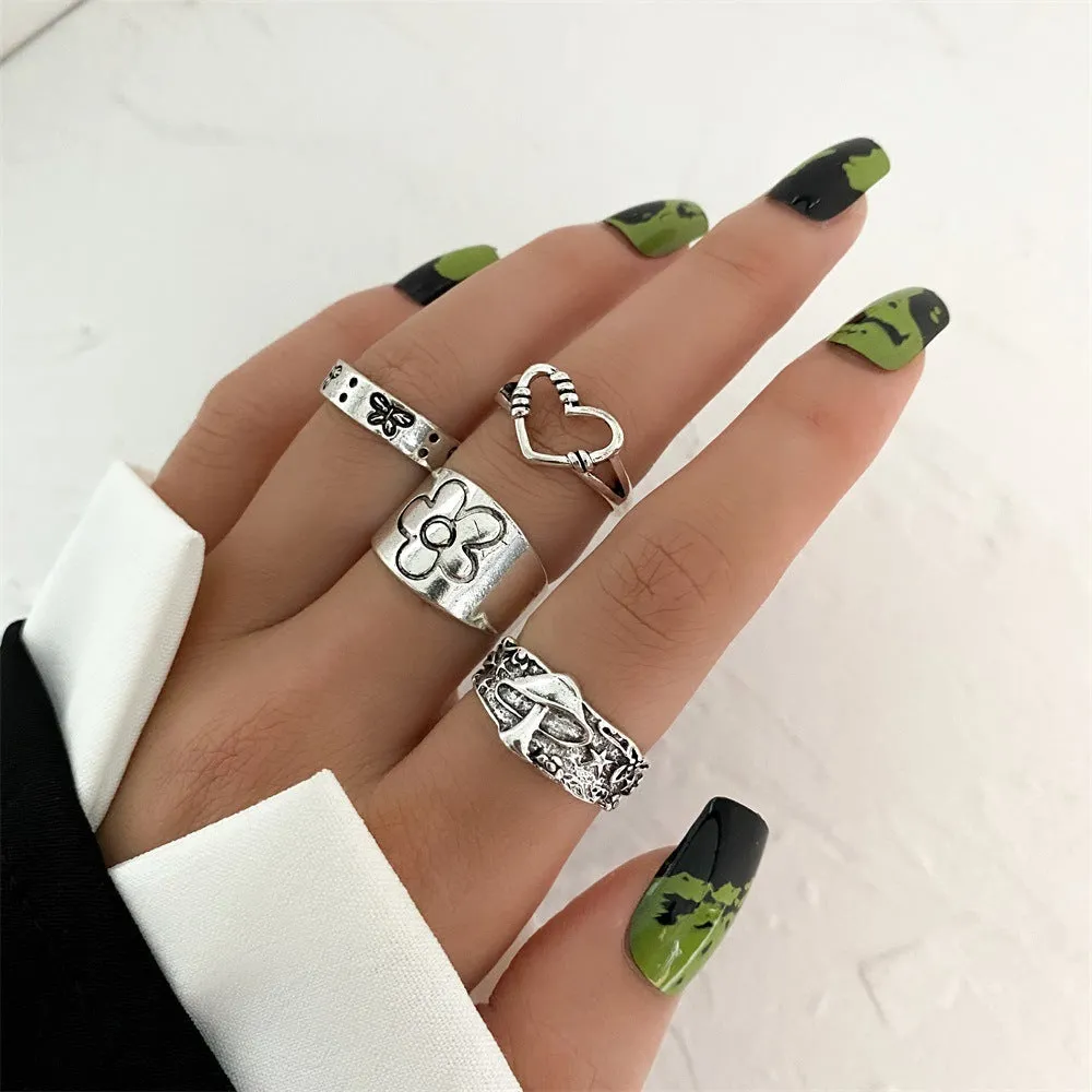 Retro alloy ring set for women with butterfly and snake geometric designs, opening rings pack