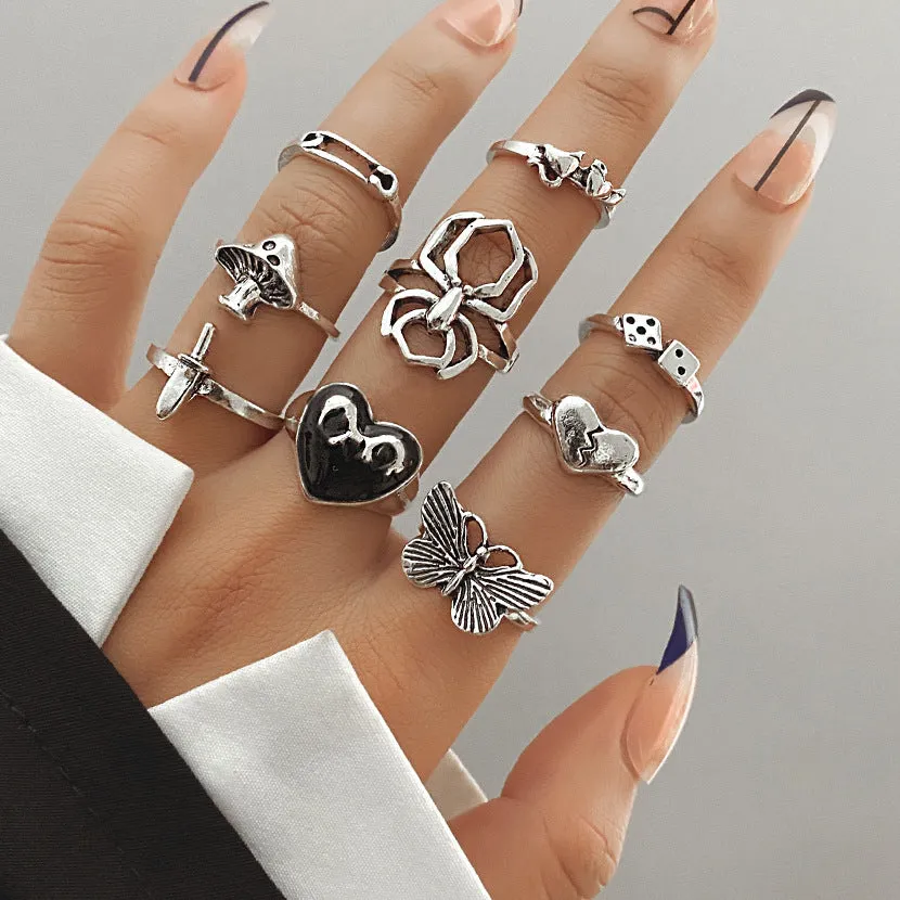 Retro alloy ring set for women with butterfly and snake geometric designs, opening rings pack