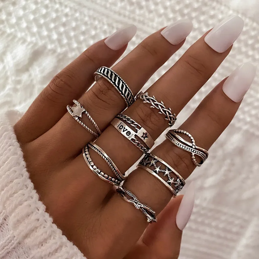 Retro alloy ring set for women with butterfly and snake geometric designs, opening rings pack