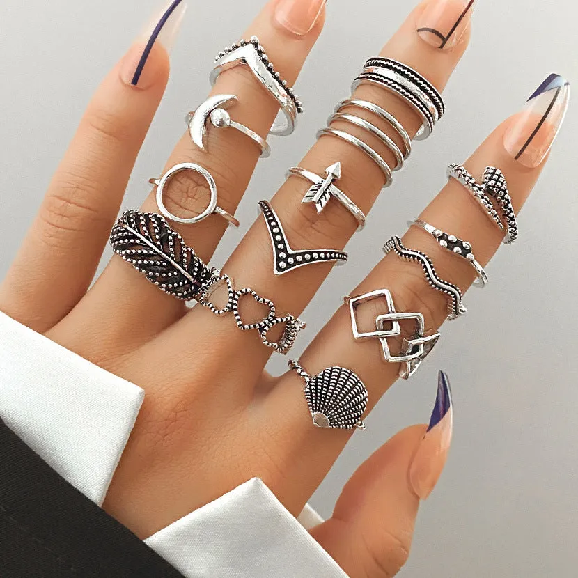 Retro alloy ring set for women with butterfly and snake geometric designs, opening rings pack