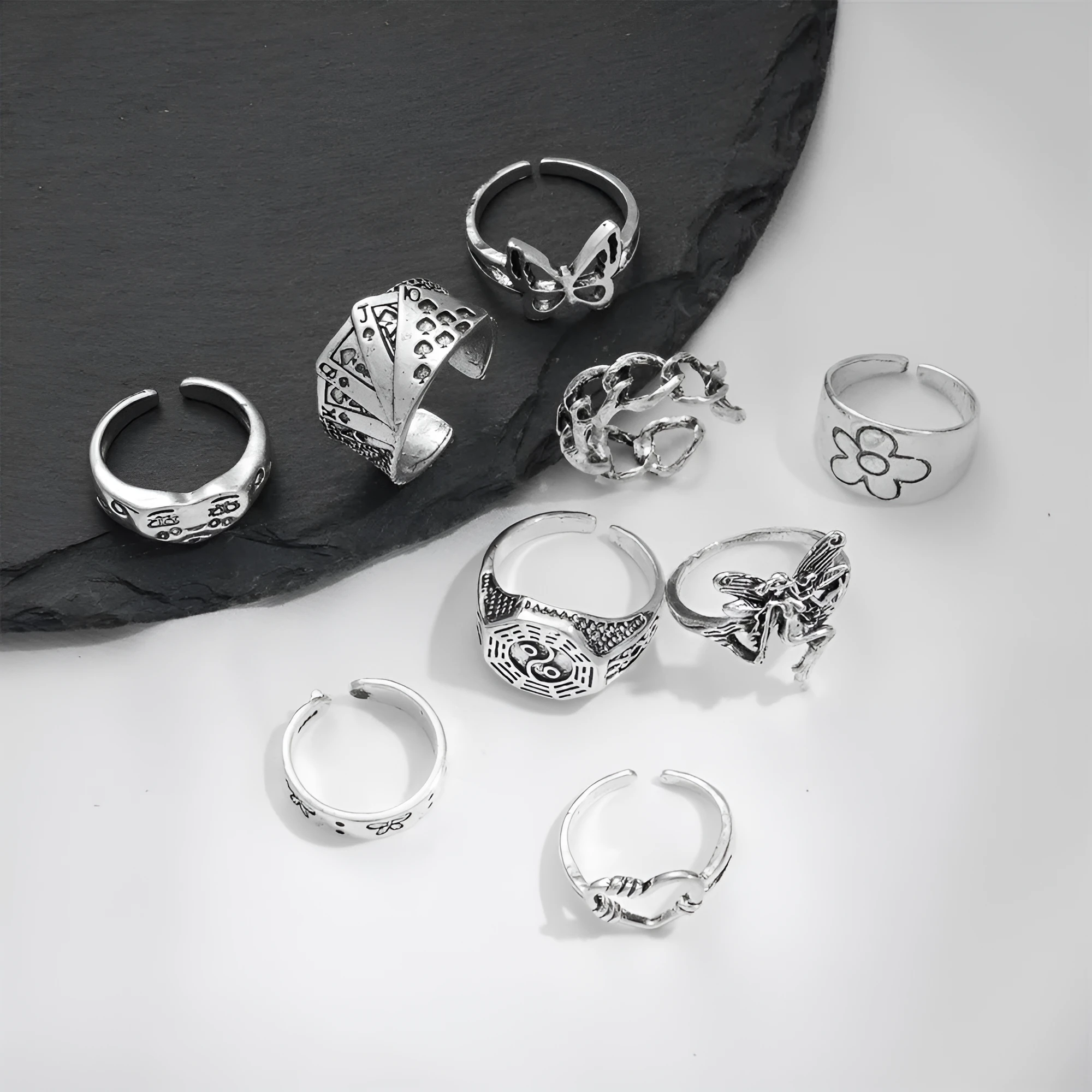 Retro alloy ring set for women with butterfly and snake geometric designs, opening rings pack