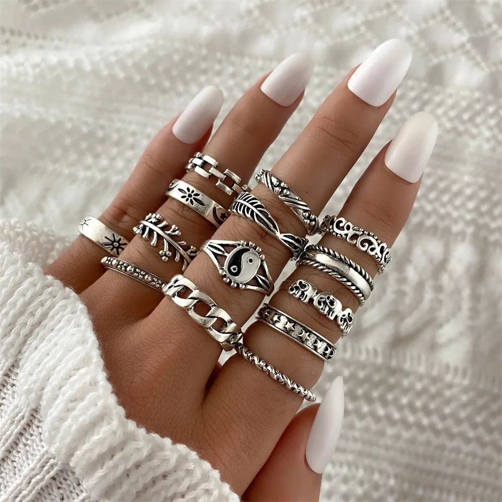 Retro alloy ring set for women with butterfly and snake geometric designs, opening rings pack