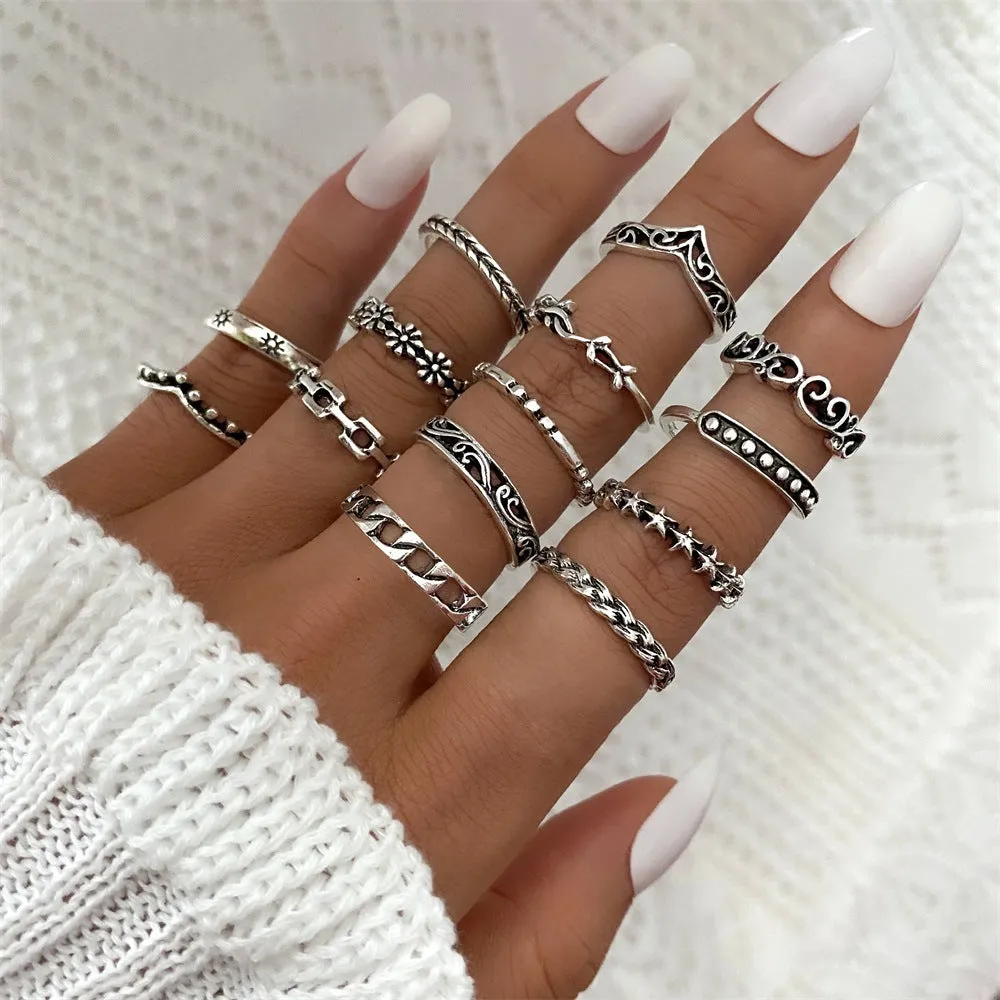 Retro alloy ring set for women with butterfly and snake geometric designs, opening rings pack