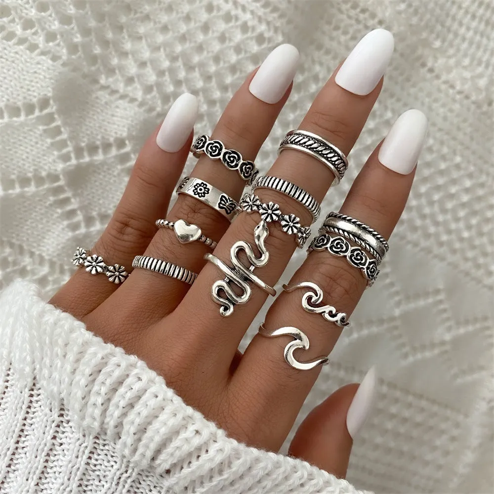 Retro alloy ring set for women with butterfly and snake geometric designs, opening rings pack