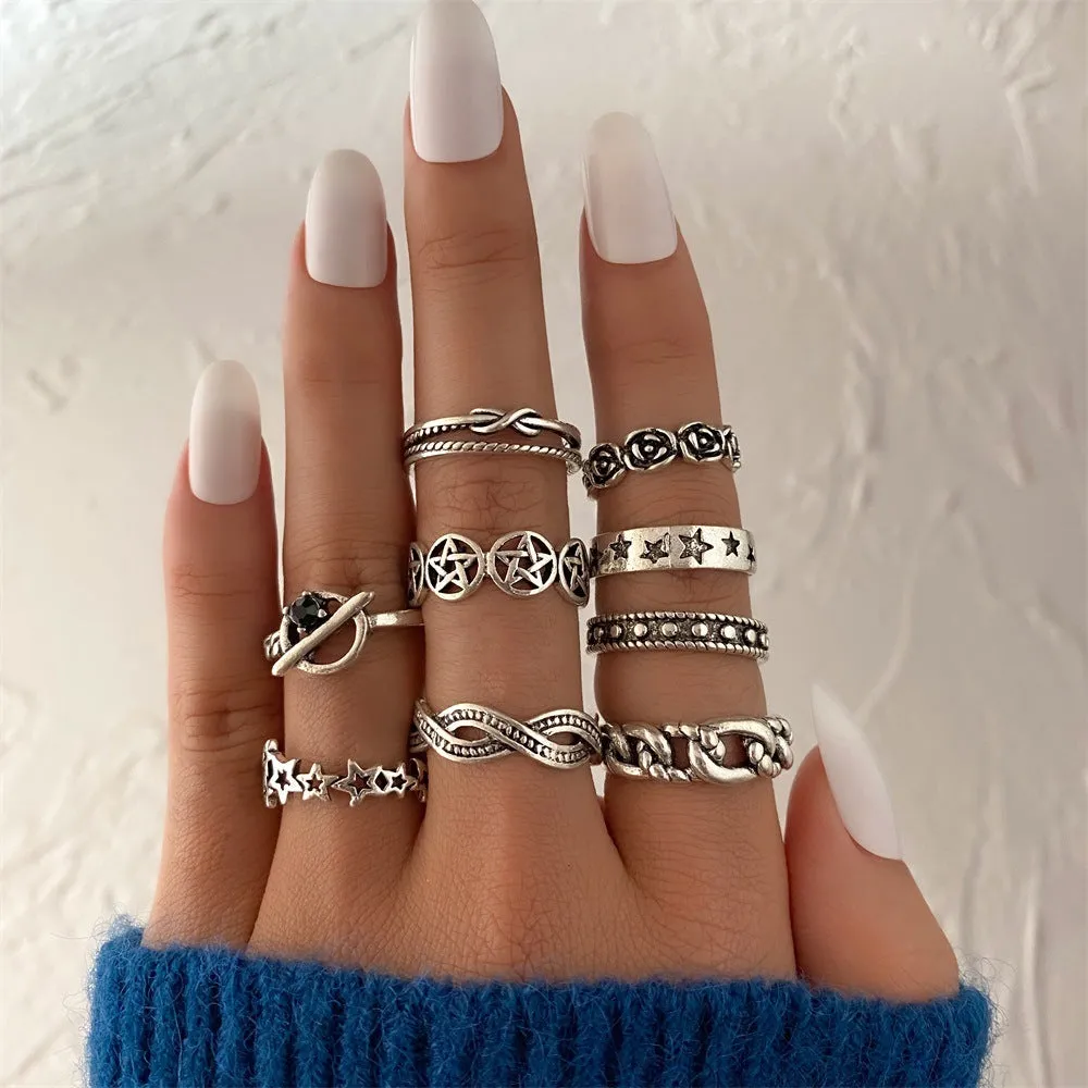 Retro alloy ring set for women with butterfly and snake geometric designs, opening rings pack