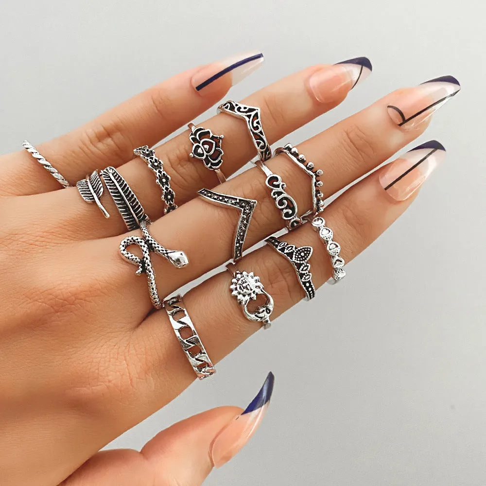 Retro alloy ring set for women with butterfly and snake geometric designs, opening rings pack