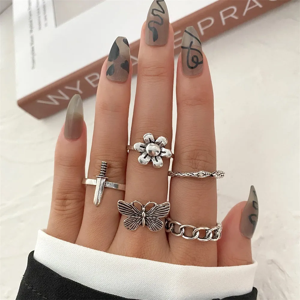 Retro alloy ring set for women with butterfly and snake geometric designs, opening rings pack