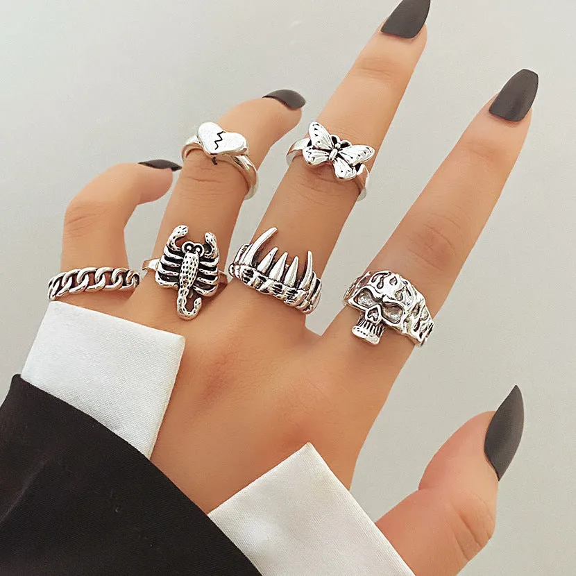 Retro alloy ring set for women with butterfly and snake geometric designs, opening rings pack