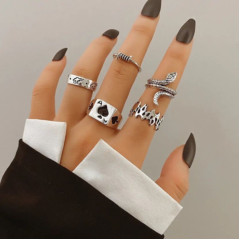 Retro alloy ring set for women with butterfly and snake geometric designs, opening rings pack