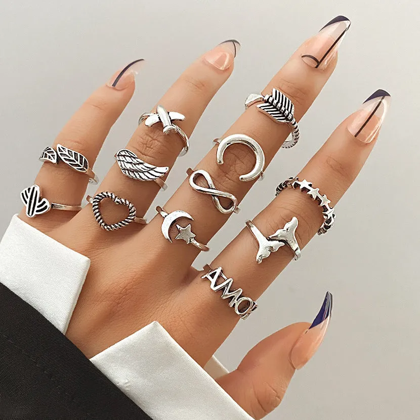 Retro alloy ring set for women with butterfly and snake geometric designs, opening rings pack