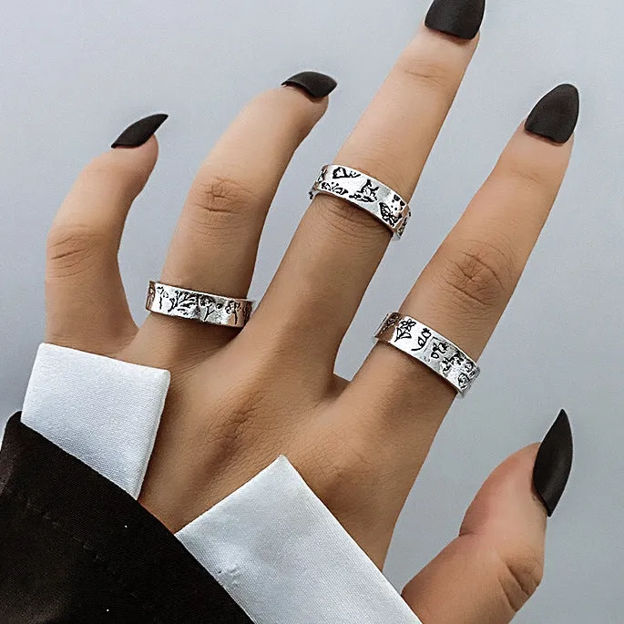 Retro alloy ring set for women with butterfly and snake geometric designs, opening rings pack